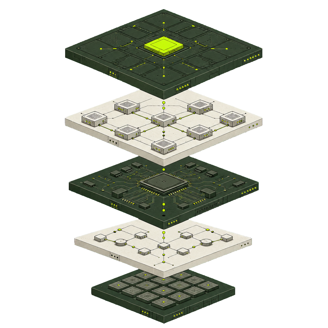 Package, service, node, cluster and system shown as a composable stack